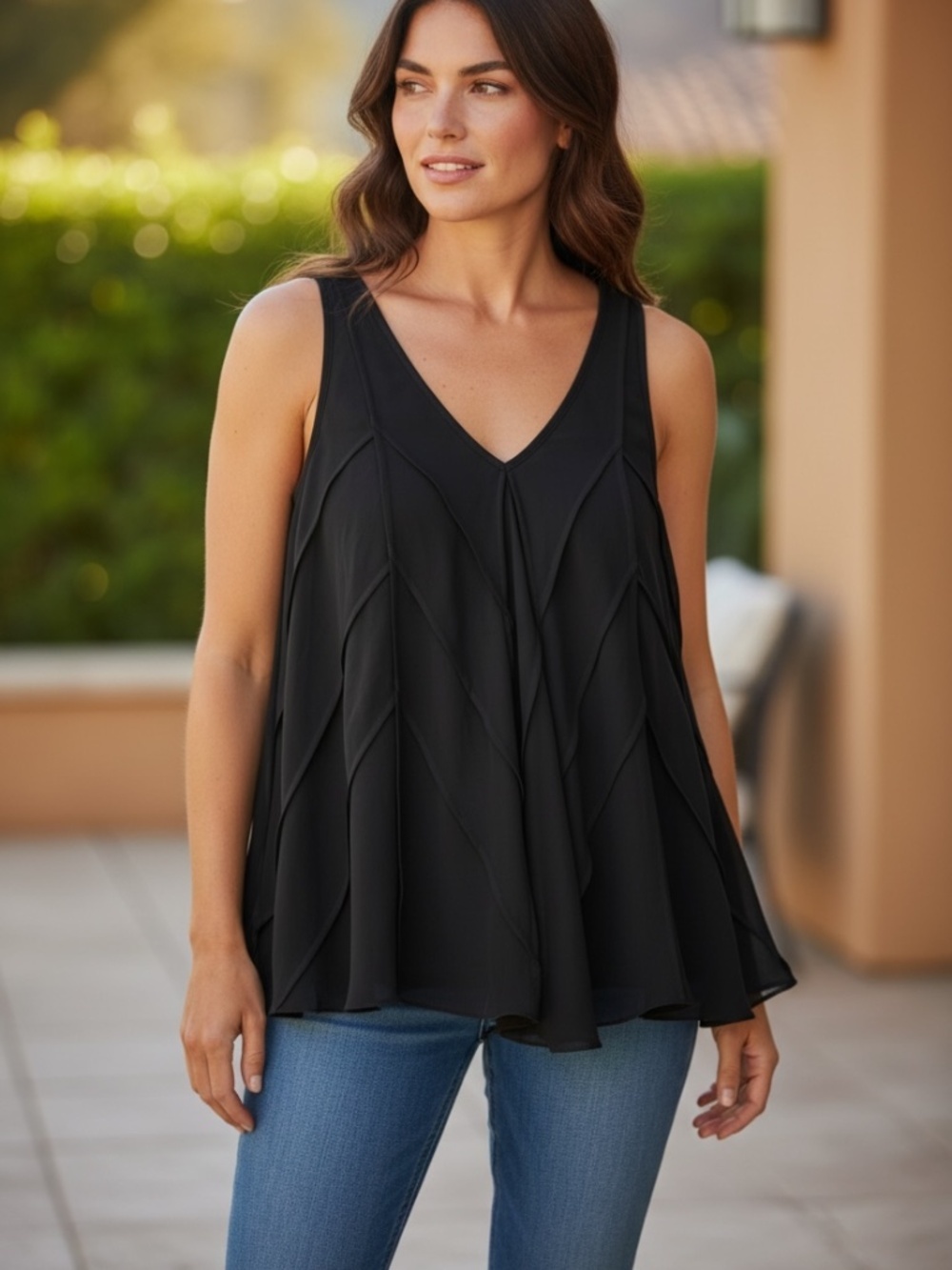 Max Studio Black Flowy Sleeveless Blouse Pleated Tiered Top Size M NWT - Picture 6 of 6